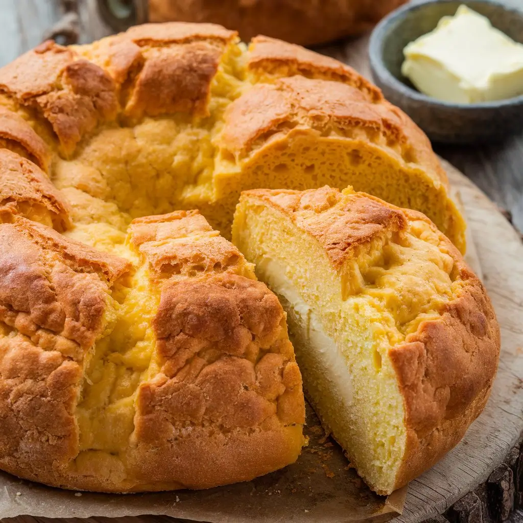 Freshly baked Proja, a golden Balkan cornbread, served on a rustic wooden table with a side of yogurt and fresh herbs.