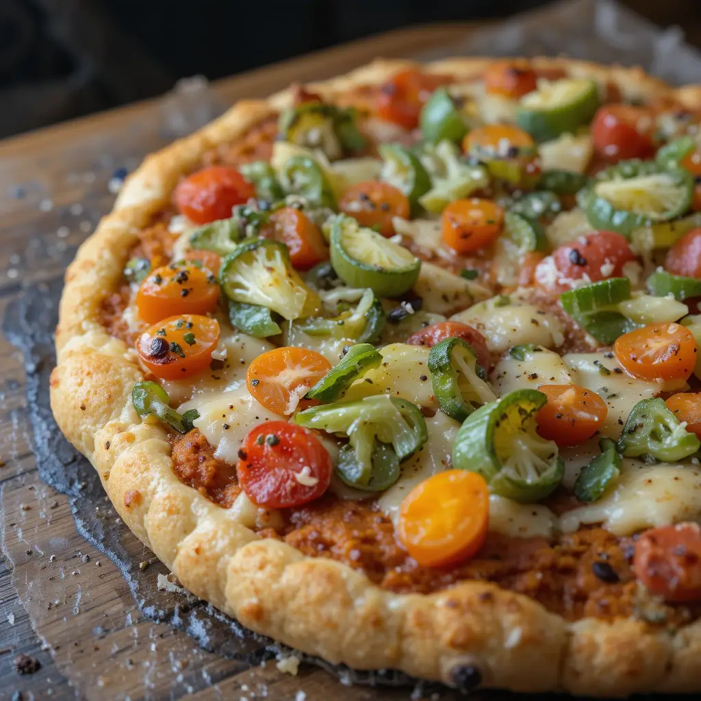 A golden cauliflower pizza crust topped with fresh vegetables and melted cheese for a low-carb dinner.