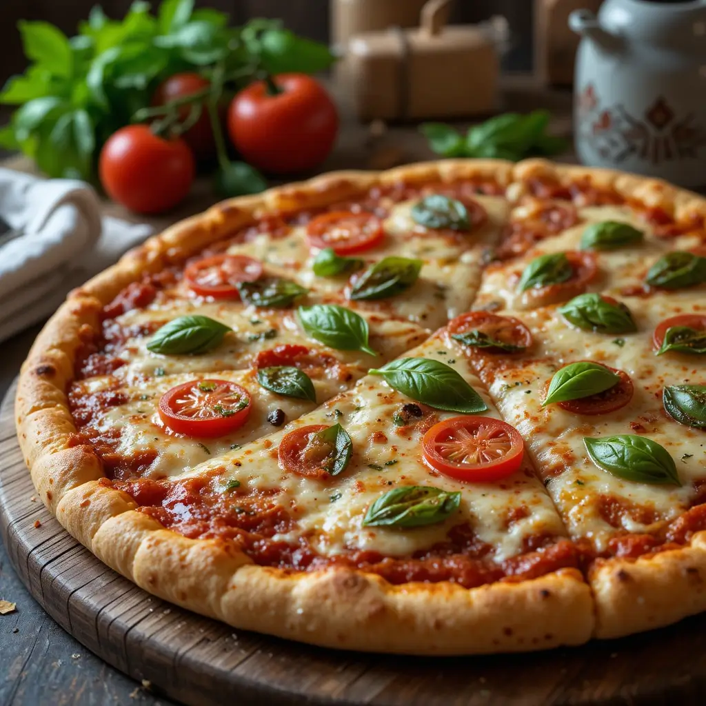 A fresh, golden homemade pizza dough without yeast topped with classic ingredients ready for lunch.