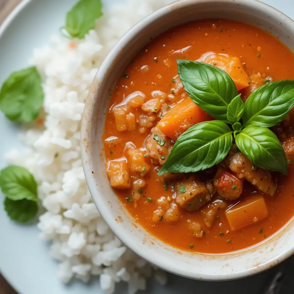 A vibrant bowl of authentic Thai red curry garnished with fresh basil and served with jasmine rice.