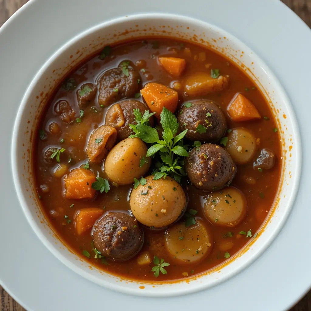 A hearty bowl of mock turtle soup garnished with fresh herbs, showcasing its rich, comforting flavors.