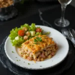 A mouthwatering and creamy tuna casserole served in a rustic dish.