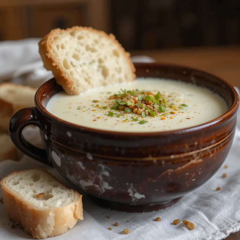 A bowl of creamy Kajmak served with fresh bread for a traditional Balkan breakfast.