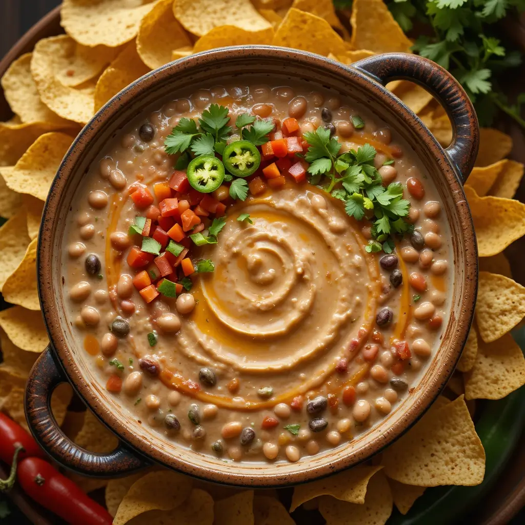 A vibrant, overhead shot of a creamy bean dip in a rustic ceramic dish, topped with fresh cilantro, diced tomatoes, and sliced jalapeños, surrounded by golden tortilla chips and colorful veggies, with warm lighting and a cozy kitchen background.