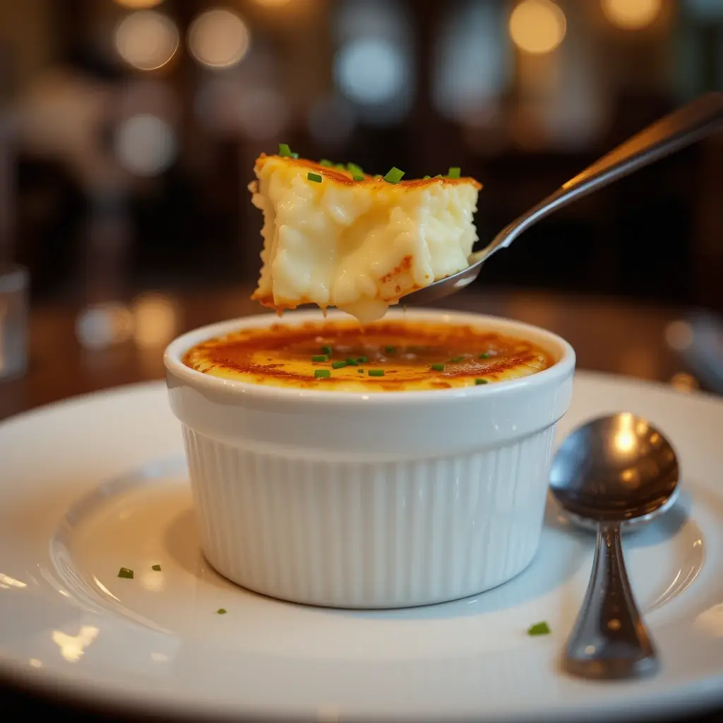 A beautifully plated Crab Brulee served in an elegant white ramekin with a perfectly caramelized golden-brown crust. The custard is rich and creamy, speckled with fresh chives. A small silver spoon rests beside it, with a bite revealing the silky smooth texture inside. The background is softly blurred with a warm, inviting ambiance, showcasing a fine dining setting.