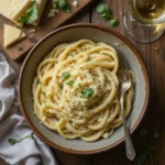 A top-down view of a creamy Boursin pasta dish served in a rustic ceramic bowl. The pasta is coated in a rich, smooth garlic and herb sauce, topped with freshly grated Parmesan and finely chopped parsley. Golden butter drizzles on the side, and a fork is elegantly placed on the plate, ready to take a bite. The background features a wooden cutting board with a block of Boursin cheese, fresh basil, and a glass of white wine, creating a warm and inviting dinner setting.