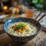 A beautifully styled bowl of rice porridge with toppings, garnished with fresh herbs and served with chopsticks. Warm, inviting lighting, cozy dining table setting with a cup of tea in the background.