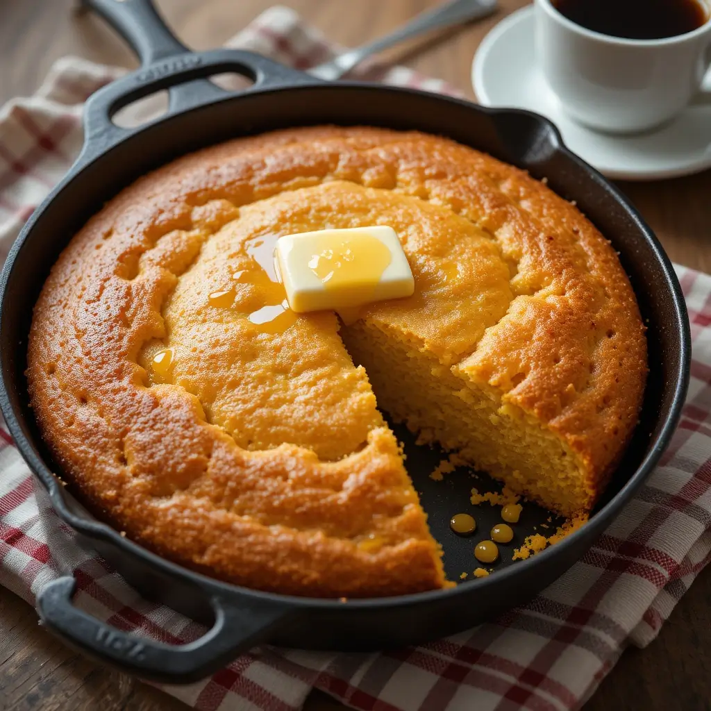 A rustic cast-iron skillet filled with golden, crispy-edged Southern cornbread. The cornbread is sliced, revealing its soft, moist texture inside. A pat of butter is melting on top, with honey drizzling over it. The background features a wooden farmhouse kitchen with a checkered cloth and a cup of coffee.