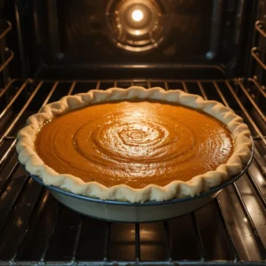 A pumpkin pie in the oven, baking at 425°F (220°C). The crust is golden, and the filling is bubbling slightly. Warm oven light glowing on the pie, creating a cozy baking atmosphere.