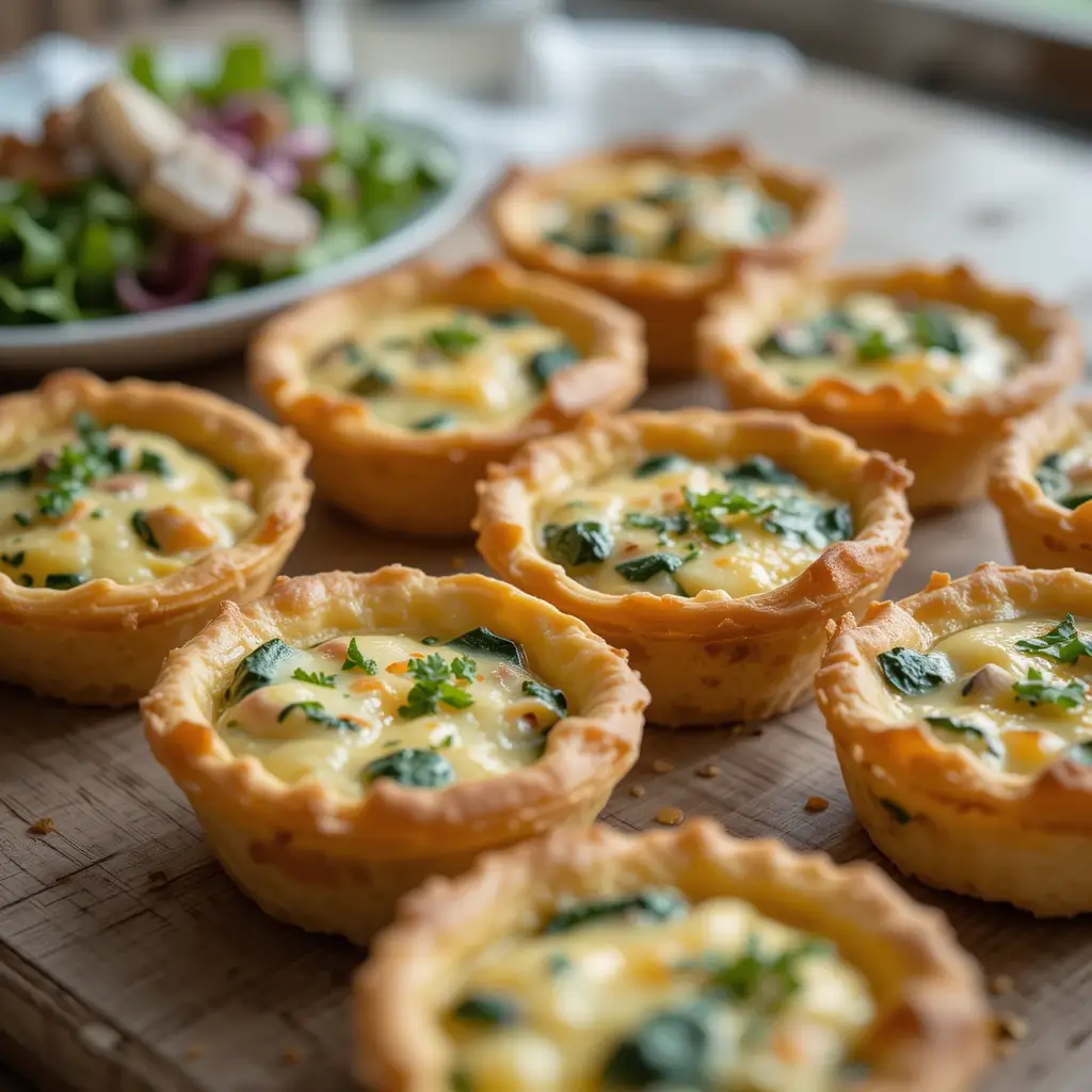 Close-up of golden, flaky mini quiches filled with spinach, cheese, and ham, topped with fresh herbs. Arranged on a rustic wooden table with a side salad, soft natural lighting, and a cozy brunch atmosphere.