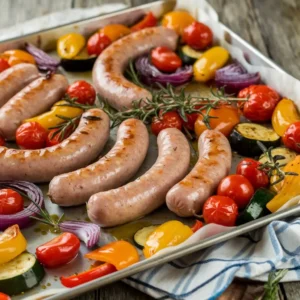 A beautifully arranged sheet pan filled with golden-brown roasted sausages and vibrant, slightly caramelized vegetables—bell peppers, zucchini, cherry tomatoes, and red onions. A light drizzle of olive oil glistens on the surface, with fresh rosemary and thyme sprinkled on top. Set on a rustic wooden table with a cozy kitchen backdrop, creating a warm and inviting atmosphere.
