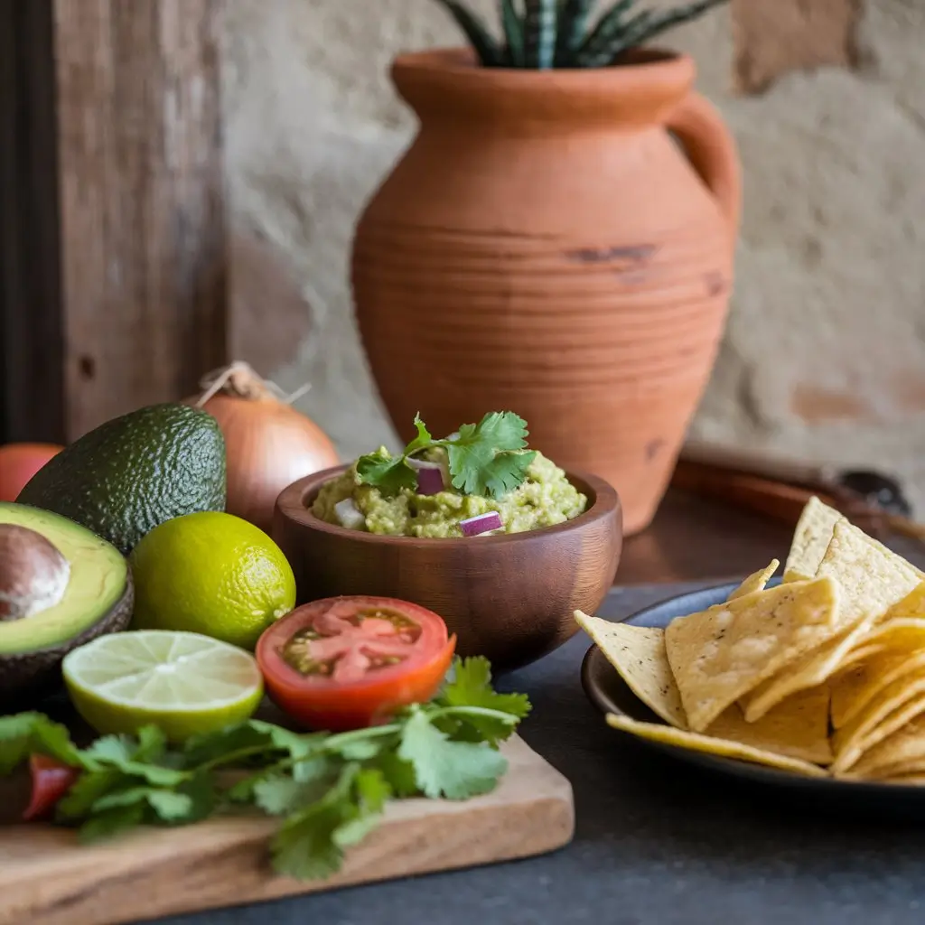 A cinematic shot of a wooden board showcasing fresh avocado, lime, tomato, onion, and cilantro, paired with a wooden bowl of guacamole and a black plate of tortilla chips. A clay pot with a plant and a rustic wall in the background add depth and texture to the scene.