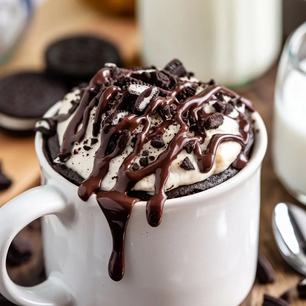 A warm, gooey dessert in a white ceramic mug, topped with chocolate drizzle and crushed Oreo crumbs, sitting on a wooden breakfast table with a blurred background of milk, Oreos, and a spoon.