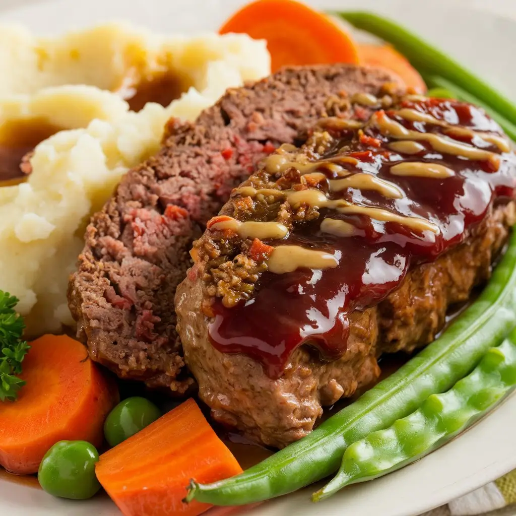A medium shot of a juicy meatloaf with a caramelized glaze, accompanied by mashed potatoes and fresh vegetables, all served on a wooden board. The blurred background showcases a rustic kitchen with wooden accents and greenery, while the text 'Meatloaf Magic: Comfort in Every Bite' is displayed.