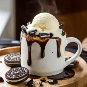 A cozy scene featuring a white ceramic mug with crumbled Oreo cookies, melting vanilla ice cream, and a drizzle of chocolate syrup. The mug sits on a wooden table with whole Oreo cookies scattered around. Soft natural light enhances the rich textures, creating an inviting and indulgent atmosphere.