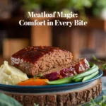 A medium shot of a juicy meatloaf with a caramelized glaze, served with mashed potatoes and fresh vegetables on a wooden board. The background features a blurred rustic kitchen with wooden elements and greenery, with the text 'Meatloaf Magic: Comfort in Every Bite'