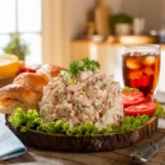 Chicken salad on a rustic wooden plate, featuring creamy shredded chicken with celery and seasonings, garnished with parsley. Served with buttery croissants, lettuce, and ripe tomato slices. A cozy wooden table setting with iced tea and warm natural lighting.