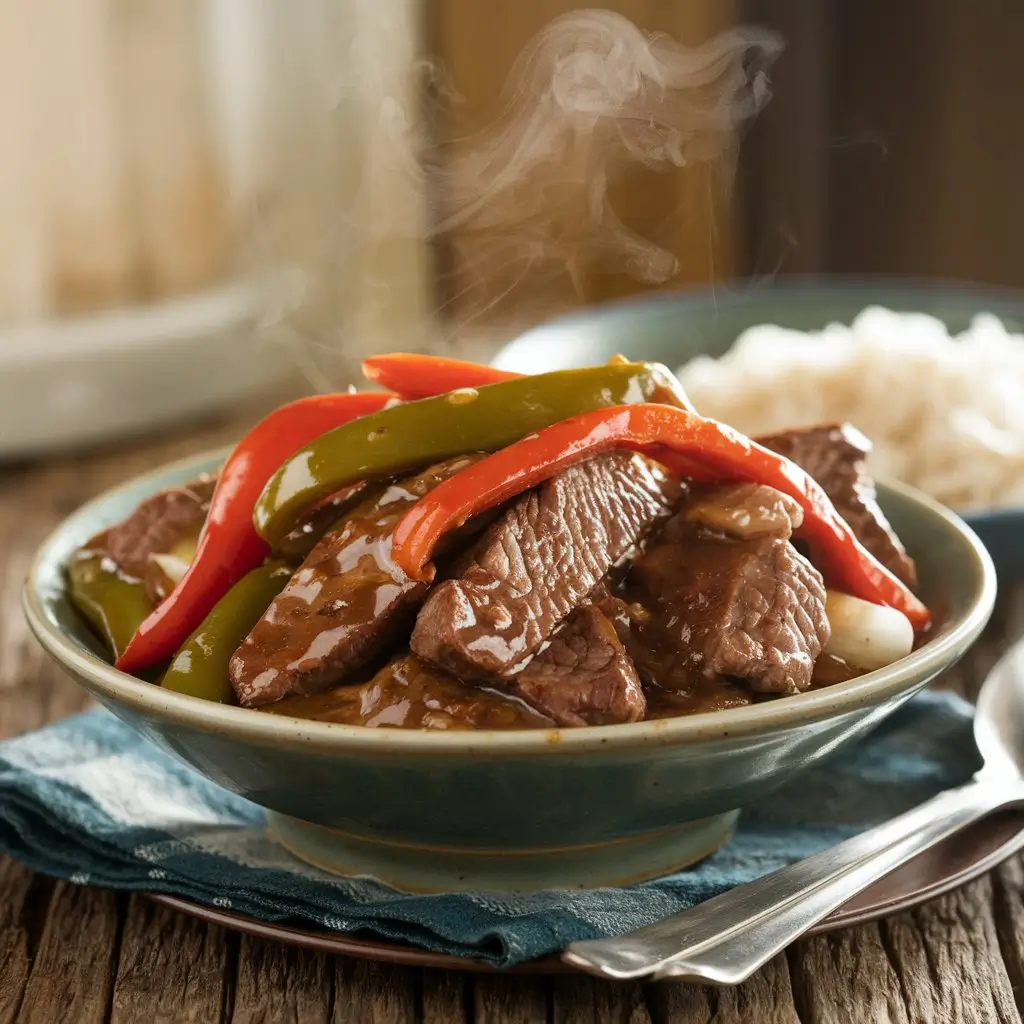 A steaming bowl of tender beef, vibrant bell peppers, and onions in a glossy sauce, served with rice or noodles on a rustic wooden table.
