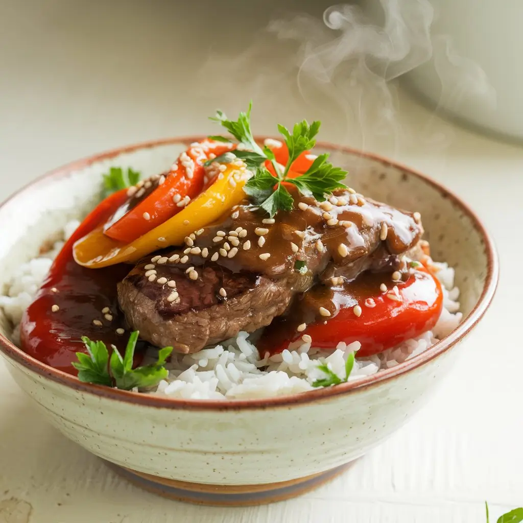 A steaming bowl of tender beef, vibrant bell peppers, and onions in a glossy, savory sauce, served with rice or noodles on a rustic wooden table in a cozy kitchen setting.
