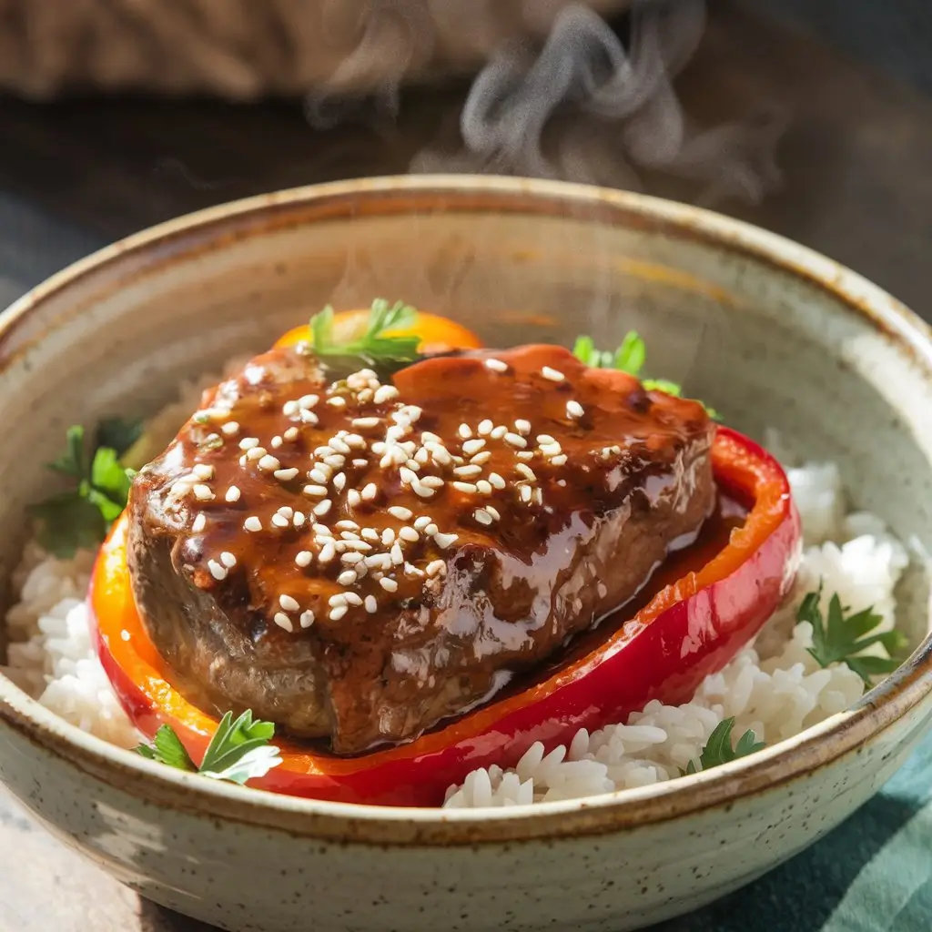 A steaming bowl of Crockpot Pepper Steak with tender beef, vibrant bell peppers, and onions in a glossy sauce, served with rice or noodles on a rustic wooden table.