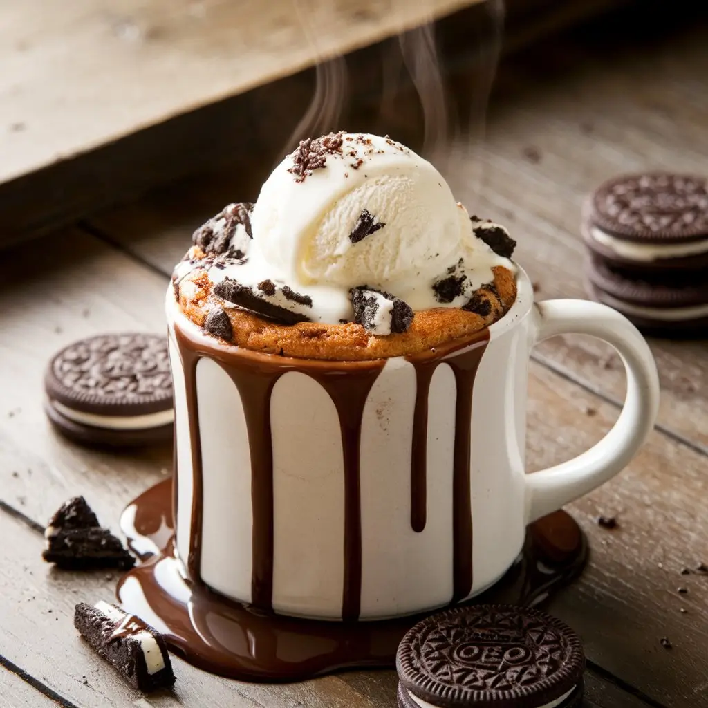 A decadent dessert in a white ceramic mug, topped with crumbled Oreo cookies, melting vanilla ice cream, and a drizzle of chocolate syrup. The mug sits on a wooden table, with whole Oreo cookies scattered around. Soft natural light highlights the texture of the dessert and toppings, creating a cozy and indulgent scene.
