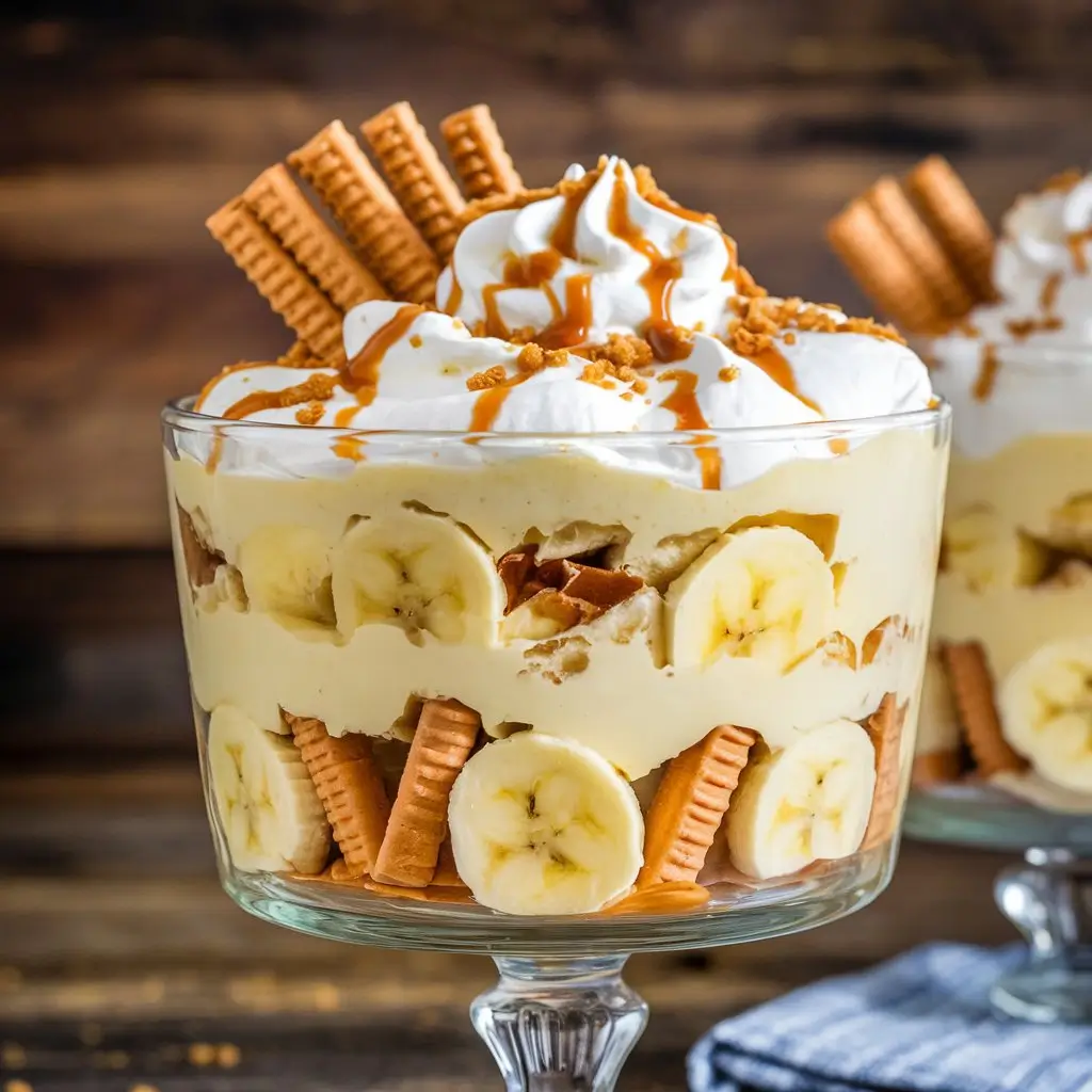A glass dish filled with layers of creamy custard, fresh banana slices, and vanilla wafers, topped with whipped cream, caramel drizzle, and crushed cookies. Set on a rustic wooden kitchen counter.