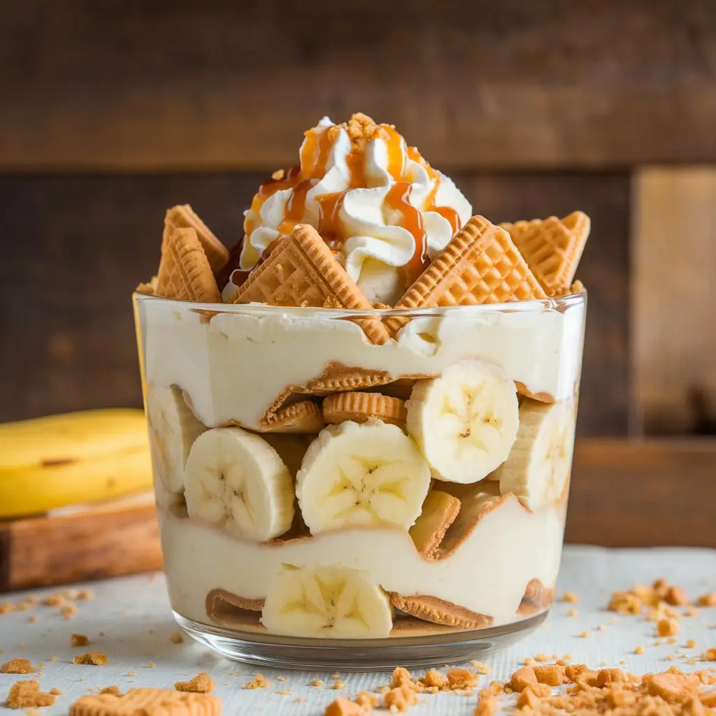 A glass dish of homemade banana pudding, layered with creamy vanilla custard, fresh banana slices, and golden vanilla wafers. The top is garnished with whipped cream, a drizzle of caramel, and a sprinkle of crushed cookies. The rustic wooden kitchen counter and soft natural lighting add to the cozy, inviting feel.