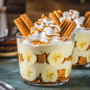 A homemade banana pudding in a glass dish, layered with vanilla custard, fresh banana slices, and vanilla wafers. Topped with whipped cream, caramel drizzle, and crushed cookies. Soft natural lighting highlights the creamy texture, set against a rustic wooden kitchen counter.