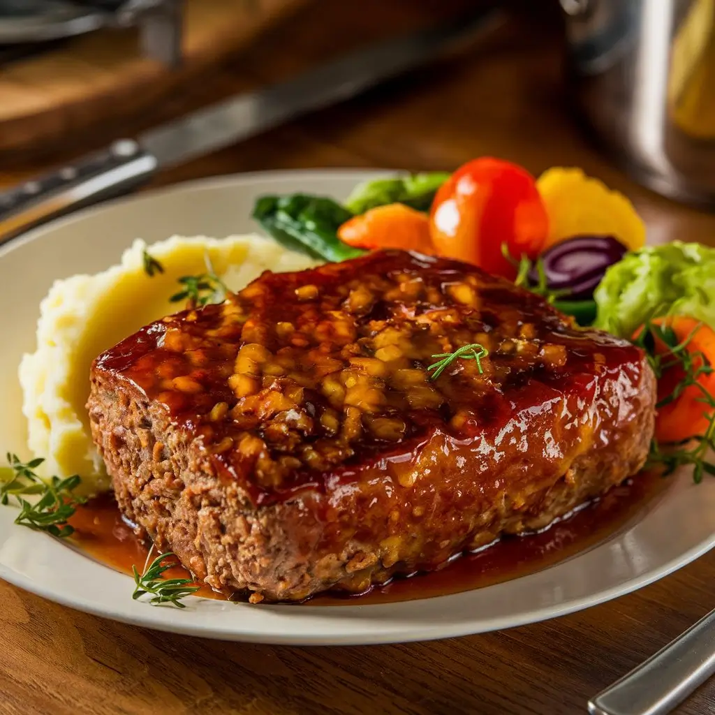 A high-quality photo of glazed meatloaf sliced to reveal its juicy interior, served with creamy mashed potatoes and steamed green beans, with the glaze glistening under warm lighting.