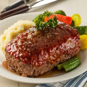Juicy meatloaf with a caramelized glaze, served with mashed potatoes and fresh vegetables – a comforting, timeless dish perfect for cozy lunches.
