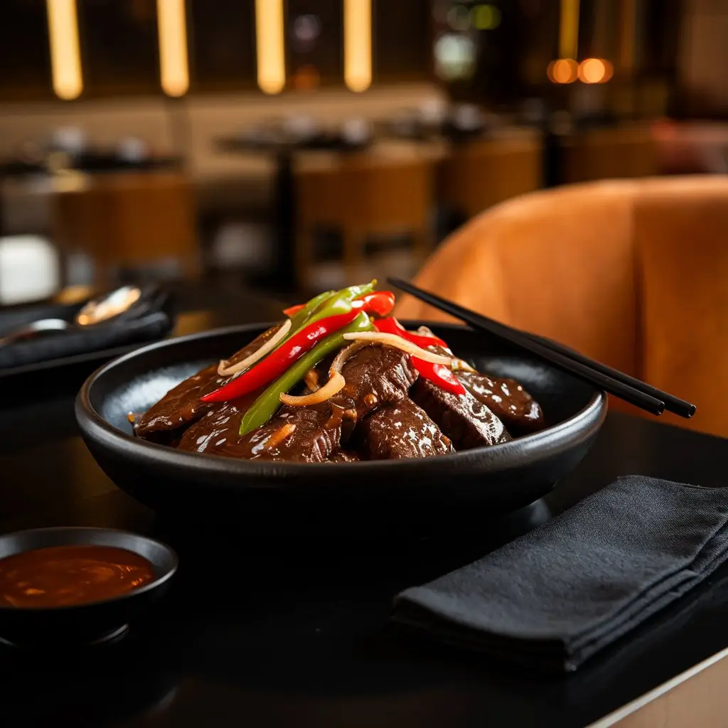 A luxurious Crockpot Pepper Steak served in a deep matte black bowl on a sleek black table in a modern restaurant. Tender beef strips in a glossy soy-garlic sauce, with vibrant bell peppers and onions, glisten under warm ambient lighting. The stylish background features elegant table settings, a hint of a bustling dining atmosphere, and black chopsticks resting on the bowl, with a small dish of extra sauce nearby.