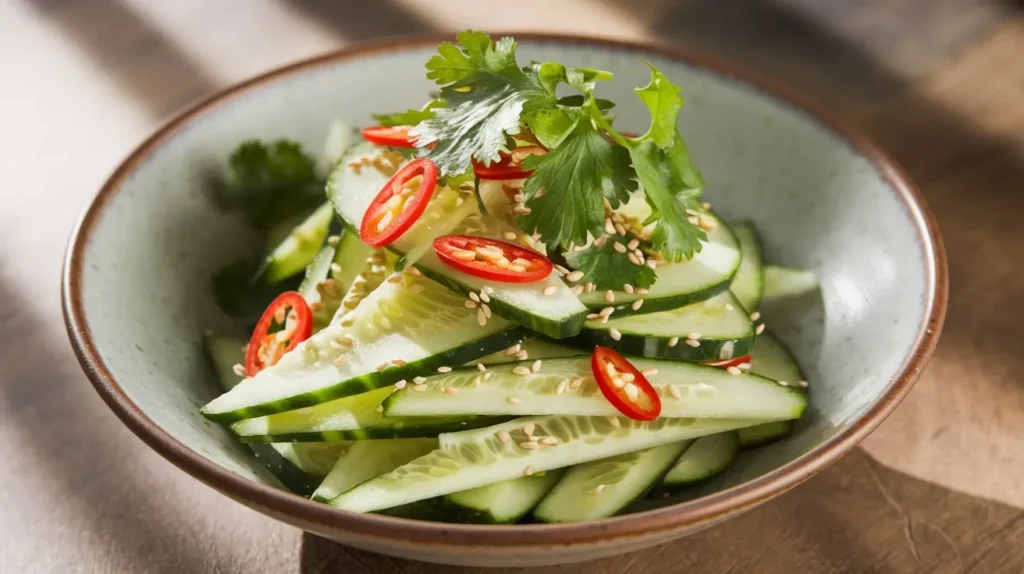 Fresh cucumber slices, red chili, cilantro, sesame oil, toasted sesame seeds, and rice vinegar, served in a bowl on a wooden surface with soft natural lighting.