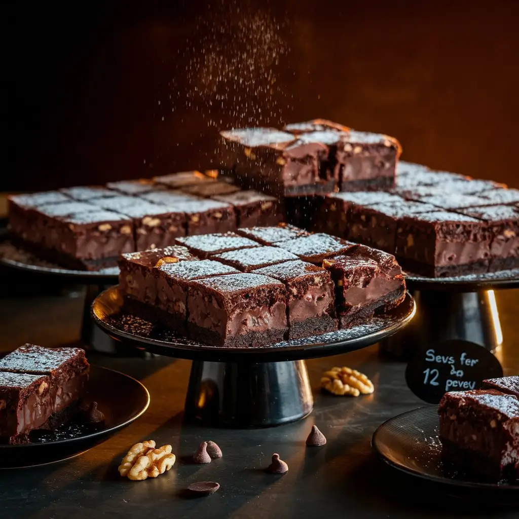 Fudgy brownies sliced into squares, dusted with powdered sugar, and garnished with walnuts and chocolate chips. Served on elegant black plates with warm lighting, creating an irresistible, indulgent atmosphere. A note nearby states it serves 12 people.