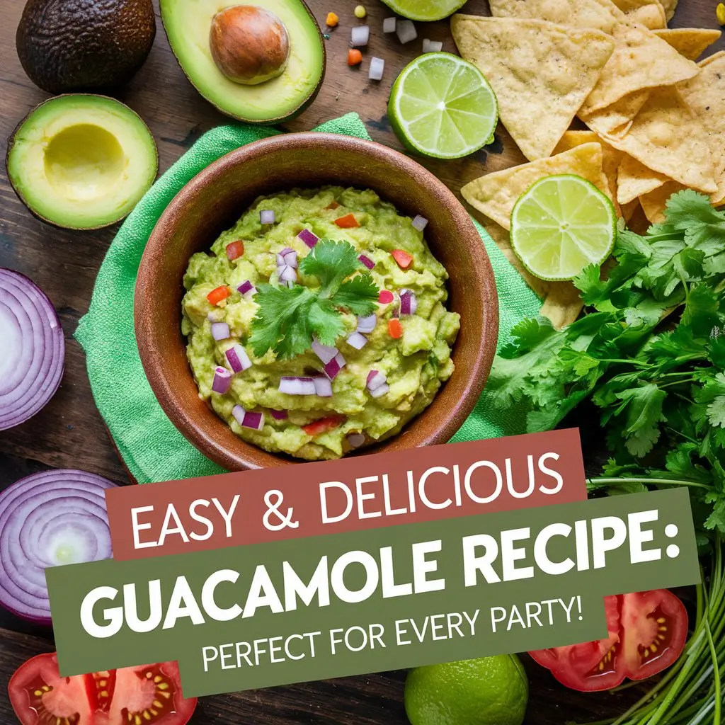 A colorful spread of fresh ingredients served in a rustic bowl, featuring ripe avocados, lime wedges, red onion, cilantro, and tomatoes. Tortilla chips and a wooden table backdrop enhance the lively, green-themed text: "Easy & Delicious Party Dip Recipe: Ideal for Any Gathering!