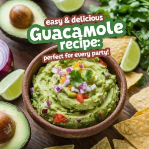 Vibrant guacamole in a rustic bowl with ripe avocados, lime wedges, red onion, cilantro, and tomatoes. Tortilla chips and a wooden table background complement the lively, green-themed text: 'Easy & Delicious Guacamole Recipe: Perfect for Every Party!
