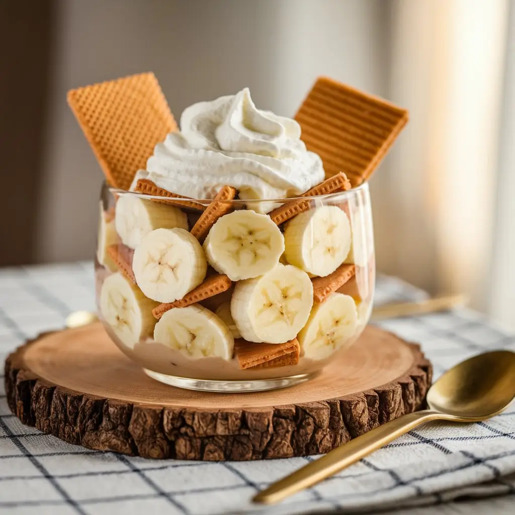 A rustic wooden bowl filled with layers of creamy pudding, fresh bananas, and vanilla wafers, topped with whipped cream. A golden spoon rests beside it on a checkered tablecloth, with soft lighting creating a cozy atmosphere.
