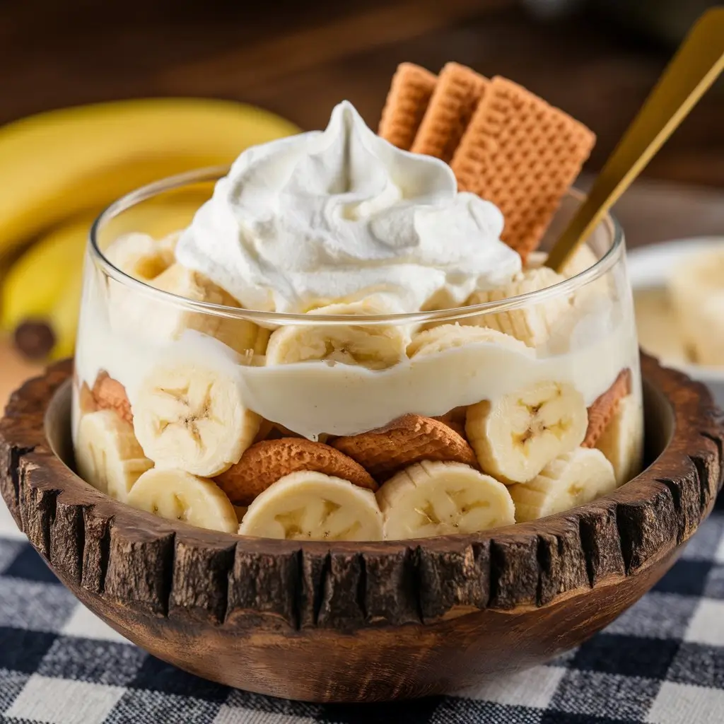 A rustic wooden bowl holds layers of creamy pudding, fresh banana slices, and vanilla wafers, topped with whipped cream. A golden spoon rests inside, placed on a checkered tablecloth. Soft lighting enhances the cozy lunch atmosphere.