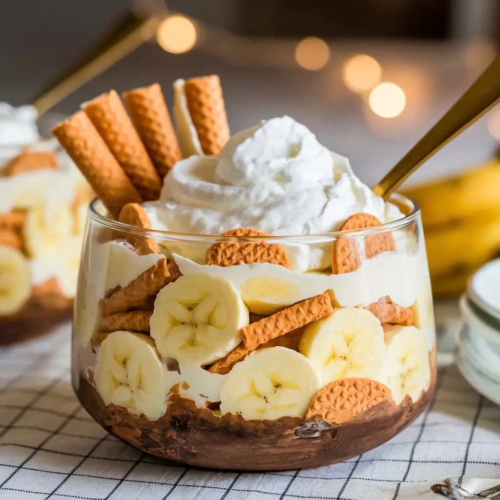 A rustic wooden bowl filled with layers of creamy pudding, fresh bananas, and vanilla wafers, topped with whipped cream. A golden spoon rests on a checkered tablecloth, with soft lighting creating a cozy atmosphere.