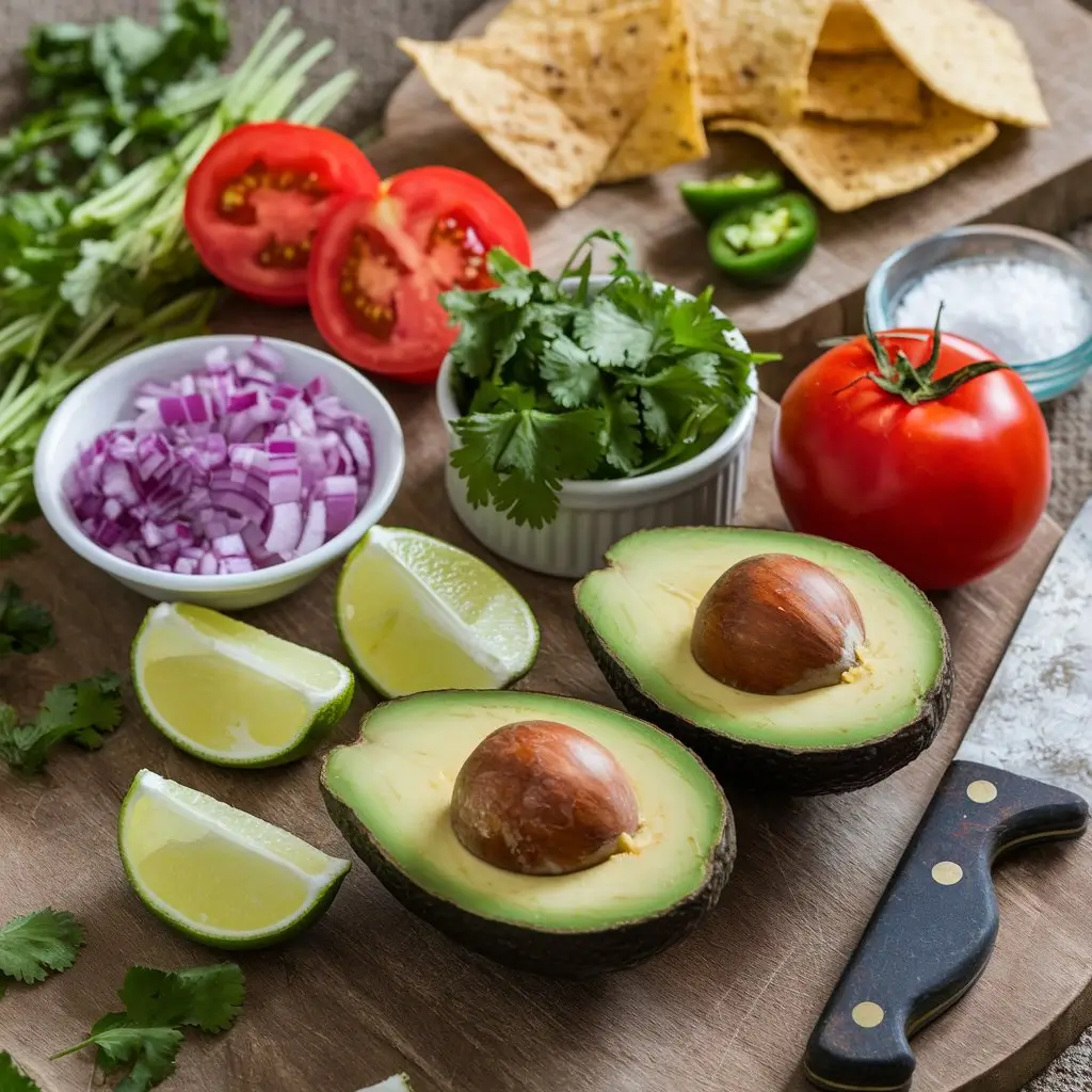 A beautifully styled wooden cutting board showcasing halved ripe avocados, diced tomatoes, chopped red onion, fresh cilantro, lime wedges, jalapeños, and a sprinkle of sea salt, complemented by a rustic knife and tortilla chips in the background, highlighting the fresh ingredients for a vibrant dish.
