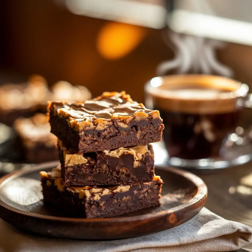 A stack of rich, fudgy treats with a crisp top and gooey chocolate interior on a rustic wooden plate. A steaming cup of coffee sits in the background, with warm morning sunlight streaming through a nearby window, creating a cozy atmosphere.