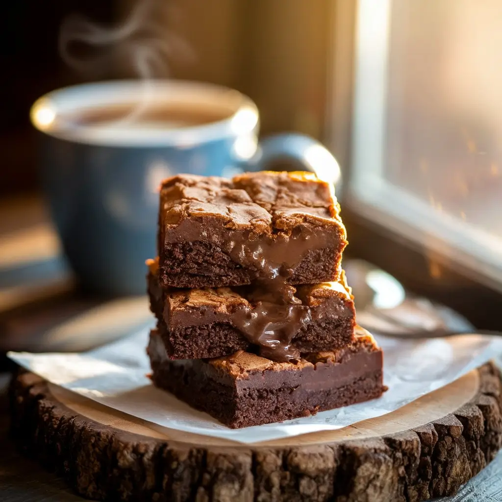 A stack of fudgy breakfast treats with a crisp top and gooey chocolate interior on a rustic wooden plate, with a steaming cup of coffee and warm morning sunlight creating a cozy atmosphere.