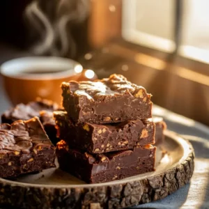 A photo of a stack of rich, fudgy breakfast brownies on a rustic wooden plate. The brownies have a crisp, crackly top and a gooey, melted chocolate interior. There is a cup of steaming coffee in the background. The scene is bathed in warm, golden morning sunlight that streams through a nearby window, creating a cozy breakfast atmosphere.