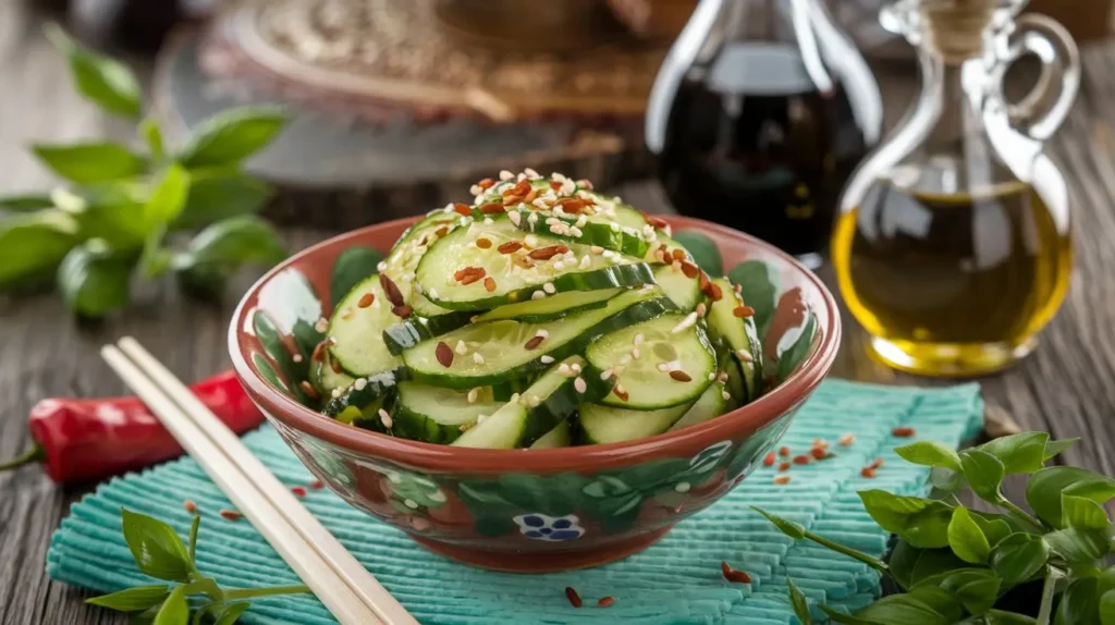 Vibrant cucumber salad in a ceramic bowl, garnished with sesame seeds and red chili flakes, with chopsticks beside the bowl. The background features a rustic wooden table, soy sauce, and sesame oil bottles, illuminated by soft natural light.