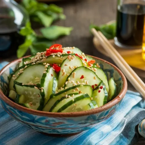 Vibrant Asian cucumber salad in a ceramic bowl, garnished with sesame seeds and red chili flakes. Chopsticks rest on the side, with soy sauce and sesame oil bottles in the background on a rustic wooden table. Soft natural light illuminates the scene.