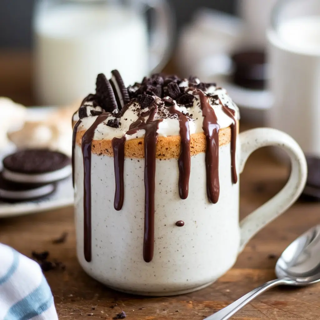 A white ceramic mug with chocolate drizzle and crushed Oreo crumbs on a wooden breakfast table, with a blurred background of milk, Oreos, and a spoon.