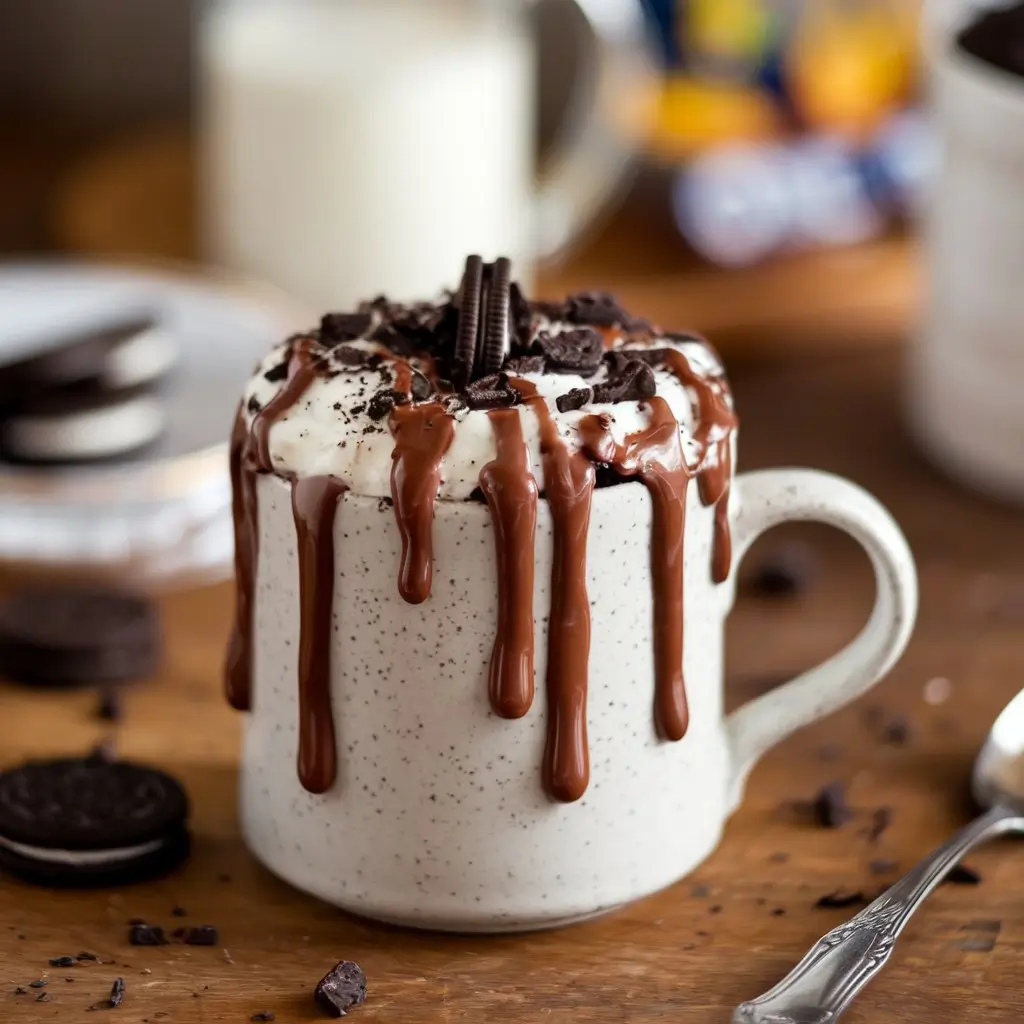 A warm dessert with chocolate drizzle and crushed Oreo crumbs on a wooden breakfast table, with a blurred background of milk, Oreos, and a spoon.