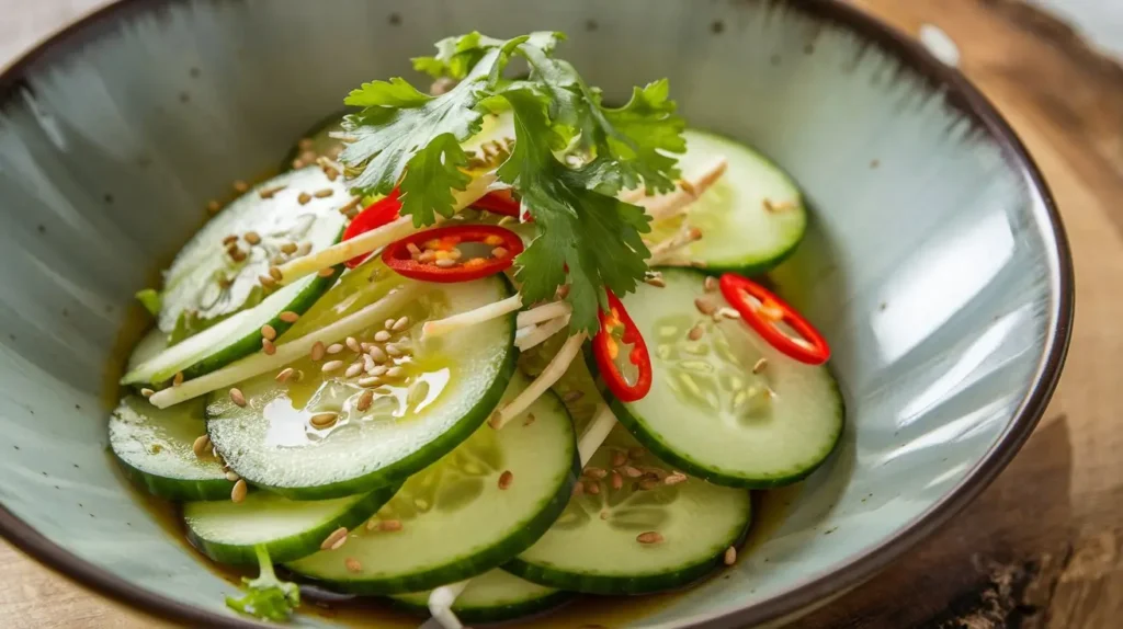 Asian cucumber salad with thinly sliced cucumbers, red chili slices, fresh cilantro, sesame oil, toasted sesame seeds, and a splash of rice vinegar. The bowl rests on a wooden surface, with light reflecting off the crisp cucumber slices, and soft natural lighting highlighting the fresh ingredients.