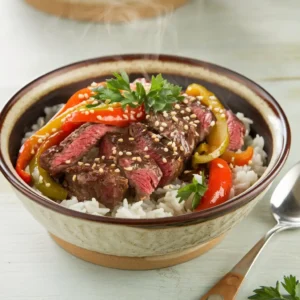 A plate of tender beef and vegetables served over rice, noodles, or mashed potatoes, garnished with fresh parsley or sesame seeds for a perfect finishing touch.