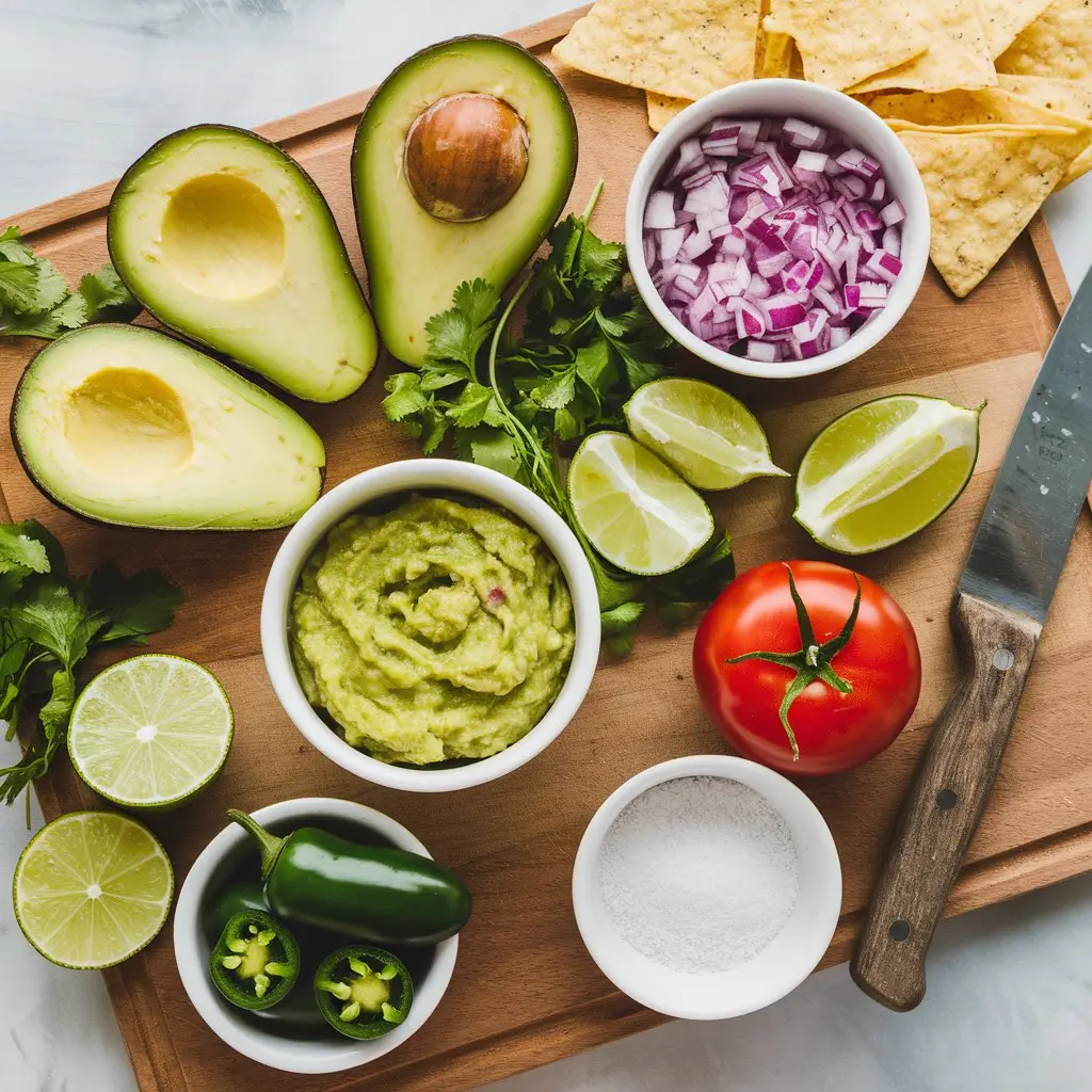 A colorful wooden cutting board with halved avocados, diced tomatoes, chopped red onion, fresh cilantro, lime wedges, jalapeños, and sea salt, complemented by a rustic knife and tortilla chips in the background, creating a fresh and inviting recipe.