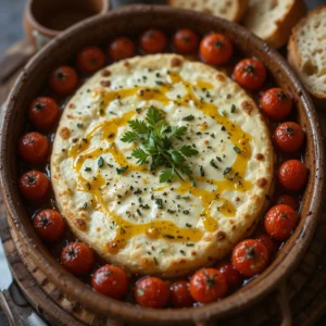 Close-up of baked feta with roasted cherry tomatoes, olive oil, and fresh herbs in a rustic dish, served with crusty bread. Warm, cozy breakfast setting.